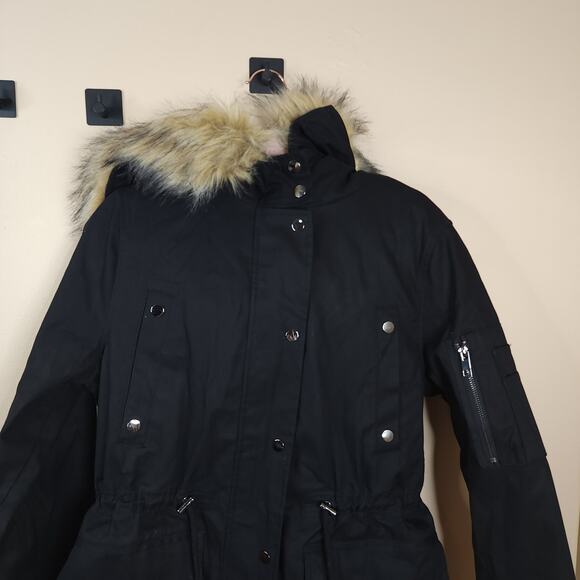ASOS Faux Fur Hood Drawstring Parka Coat in Black Size 6 - Picture 2 of 15